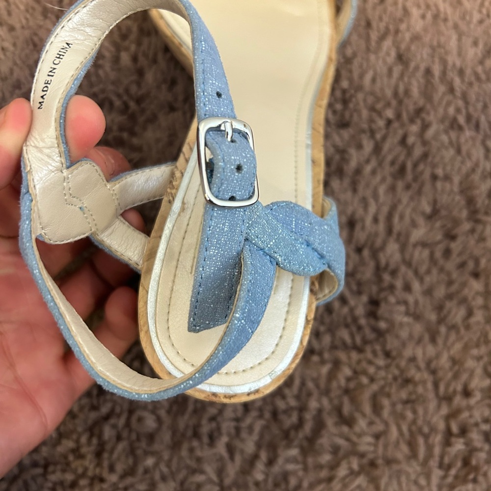 2 FOR $25White House Black Market Denim Cork Sandals Heels Chunky Chambray 6 - Picture 4 of 7